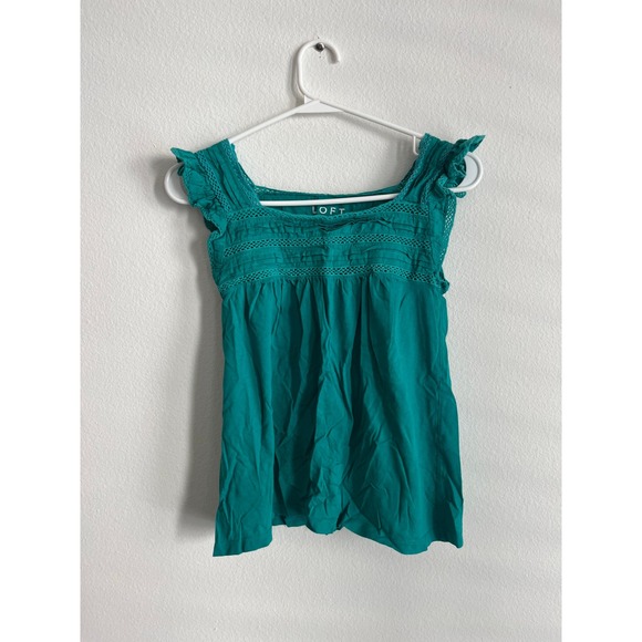 LOFT Tops - Loft Teal Green Crochet Lace Pintuck Ruffle Sleeve Blouse Top XXSP